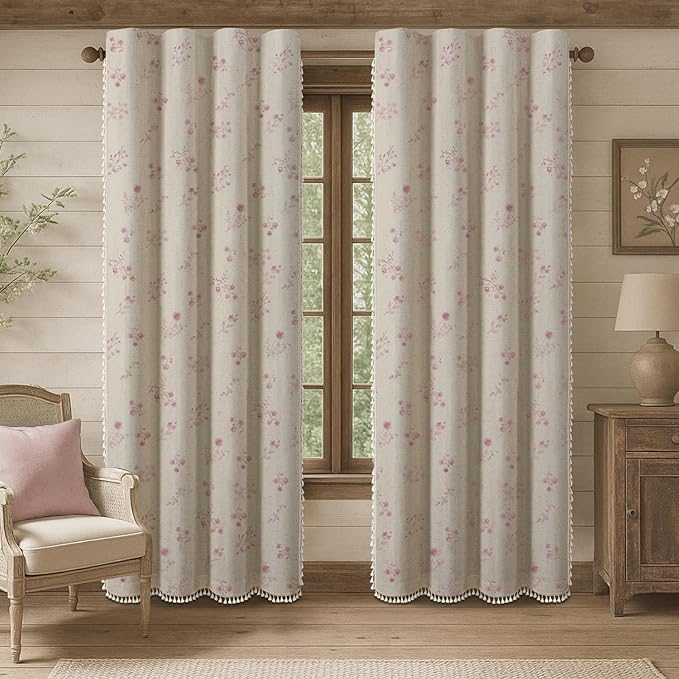 Boho Floral Spring 100% Blackout Curtains 84 Inch Length 2 Panels Set, Linen Texture Farmhouse Curtains with Beige Tassel for Living Room Bedroom, Vintage Rustic Rod Pocket,Pink