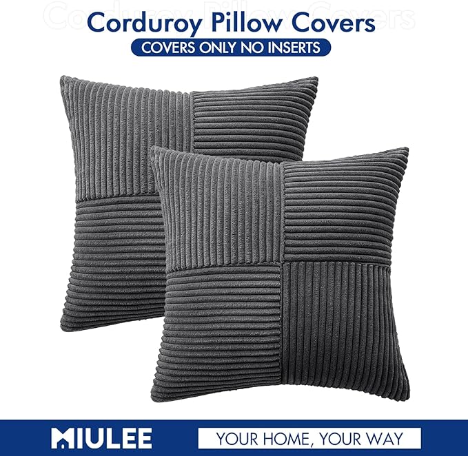 MIULEE Grey Decorative Throw Pillow Covers 18x18 Inch for Couch Bed Sofa Pack of 2 Boho Farmhouse Throw Pillows Soft Cross Corduroy Patchwork Textured Cushion Cases