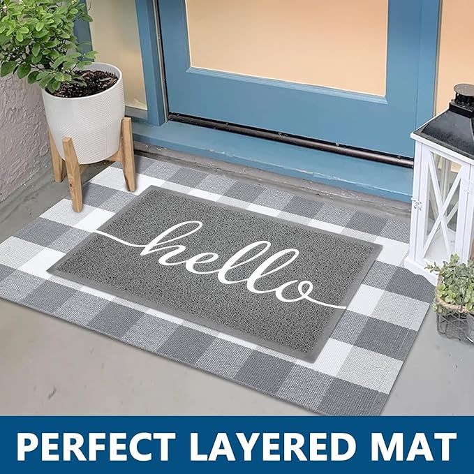 EARTHALL Door Mat Outside Inside Hello Doormat, 30"x17.5", Durable Floor Mat Non Slip Mat Ultra Absorb Mud Easy Clean Front Doormat for Garage, Entryway, Patio, High Traffic Areas, Grey