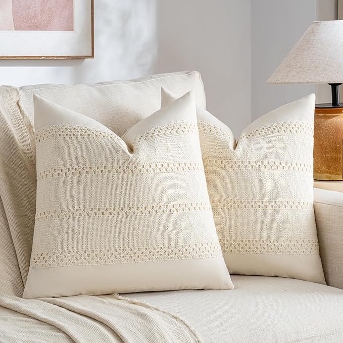 Fancy Homi Set of 1 Boho Cream Decorative Throw Pillow Cover 18x18 Inch for Couch Bed Sofa, Aesthetic Modern Organic Farmhouse Home Decor, Soft Cotton Cute Accent Macrame Woven Cushion Case