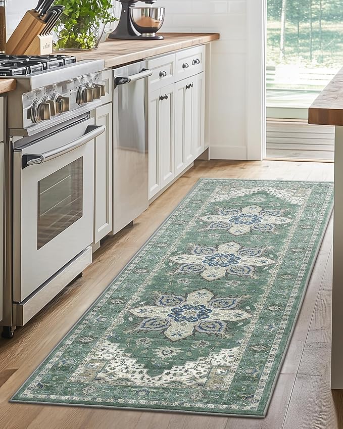 AMADA HOMEFURNISHING 2x5 Washable Runner Rug, Low-Profile Kitchen Rugs with Non-Slip Backing & Durable Edge Binding, Vintage Entryway Runner Rug for Bedroom & Hallway