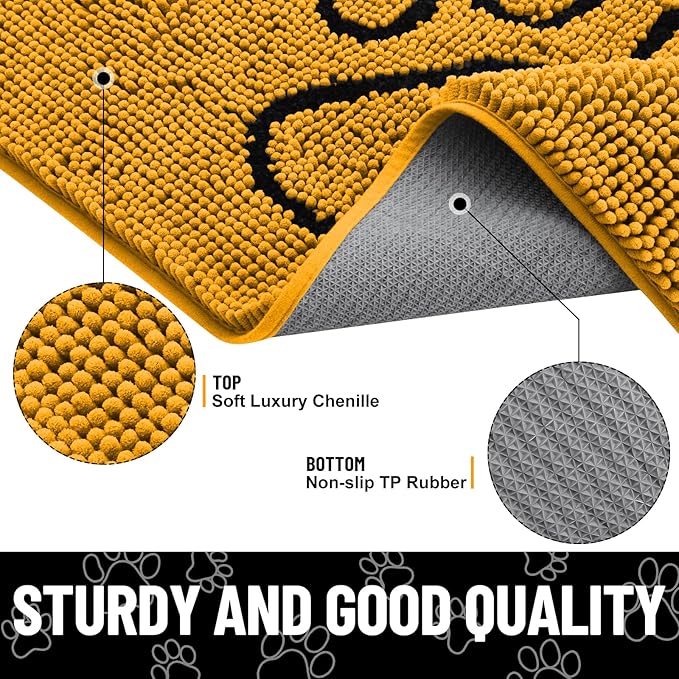 Smiry Dog Door Mat for Muddy Paws, Absorbent Dirt Trapper Non Slip Quick Dry Washable Chenille Mat for Mud Dogs, Entry Rug for Indoor and Outdoor (30x20 Inches, Golden Yellow and Black)