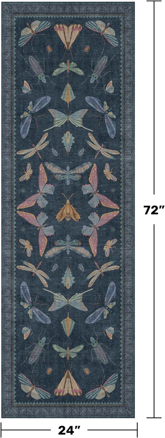 Vintage 2x6 Navy Blue Bathroom Rugs - Washable Insect Runners for Kitchen Floor, Hallway, Low Pile & Soft Non Slip Bedroom Carpet with Rubber Backing, Dark Retro Moth Decor