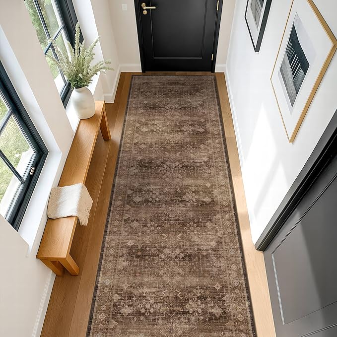 Brown Washable Long Runners for Hallways, 2'6"x8' Wide Kitchen Runner Rug, Entryway Indoor Rug, Non Slip Rubber Backing Boho Vintage Dark Floor Decor