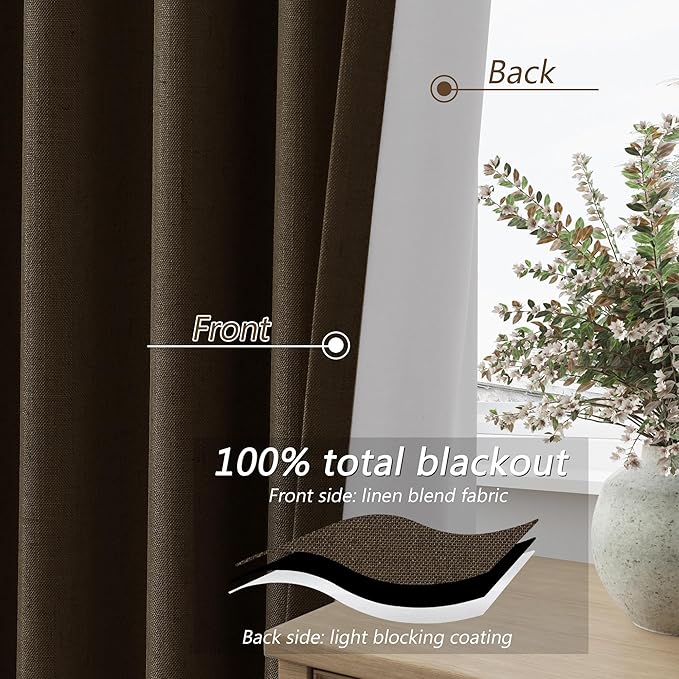 Guken 100% Blackout Curtains 96 Inch Length 2 Panels Set for Living Room Bedroom Back Tab Thermal Insulated Black Out Linen Drapes Room Darkening Chocolate,52x96