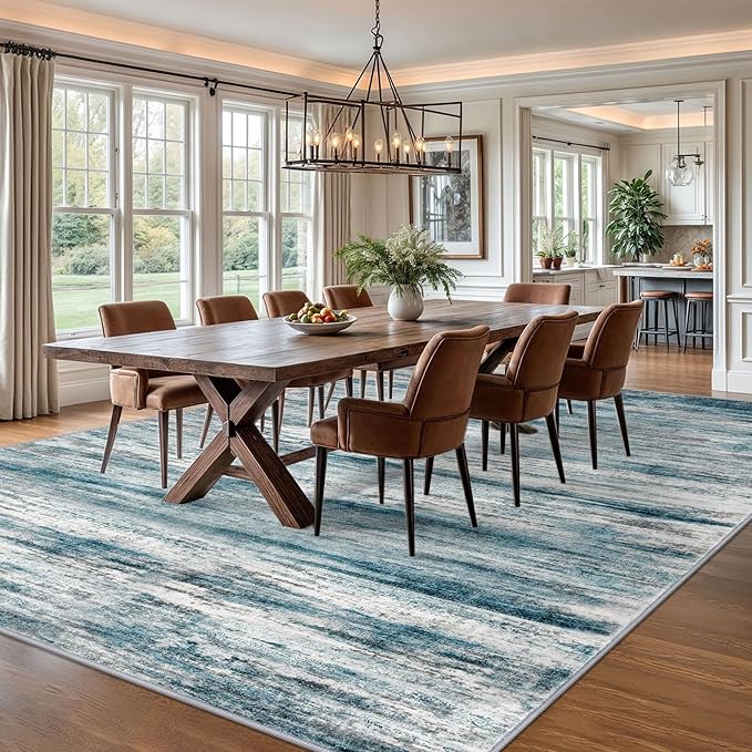 KOZYFLY Area Rug 9x12 Modern Ombre Living Room Rug, Washable Large Thin Rugs Non-Slip Soft Striped Rug for Bedroom, Print Blue Abstract Carpet for Laundry/Kid Room