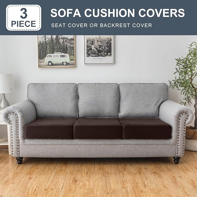 Couch Cover Stretch Velvet Sofa Cushion Cover 3-Piece - Elastic Washable Slipcover for Seat or Backrest, Couch Seat Covers for Sofas (Coffee)