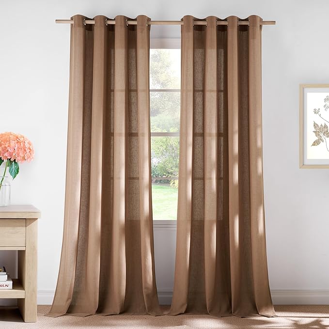 NICETOWN Linen Gold Brown Curtains for Living Room, Rustic Grommet Semi Sheer Linen Blend Privacy Assured with Light Filtering for Living Room/Bedroom, W55 x L96, 2 Panels