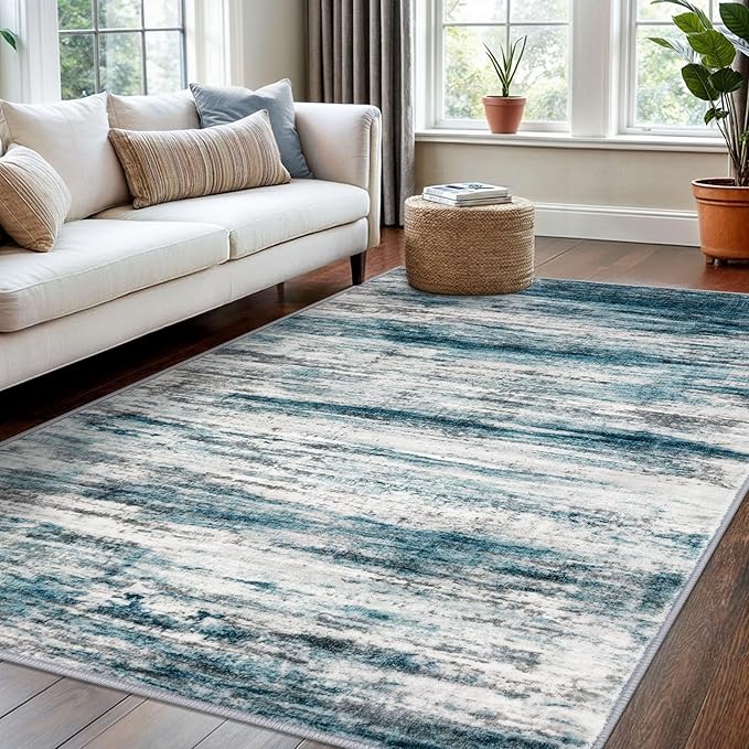 KOZYFLY 4x6 Area Rug Modern Abstract Washable Large Entryway Rug Non-Slip Soft Living Room Rugs, Print Blue Throw Rugs Indoor Mat for High-Traffic Door Entrance, Laundry, Nursery, Bedroom
