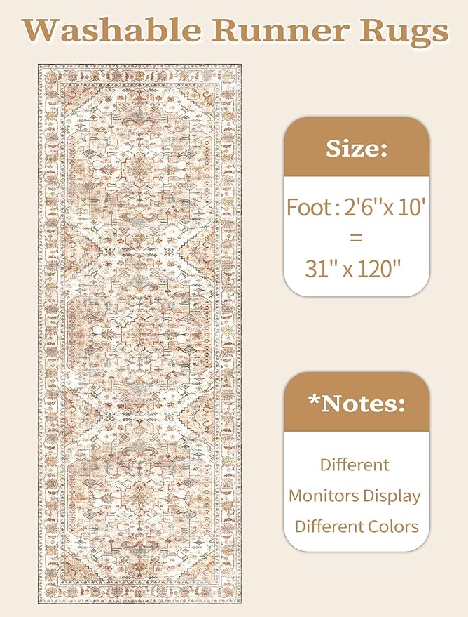SERISSA Boho Washable Runner Rug, 2'6"x10' Long Non-Slip Vintage Peach Cream Hallway Kitchen Stair Runner Rug Ultra Soft Print Distressed Floor Carpet for Bedroom Bathroom Laundry Room