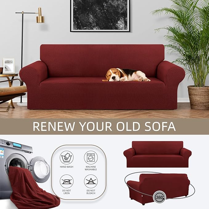 KEKUOU Stretch Sofa Cover Slipcover ，Couch Covers for 3 Cushion Couch Sofa pet Friendly (78"-94") Furniture Protector Sofa with Elastic Bottom for Kids,Dog, Jacquard Small Checked(Large,Dark Red)