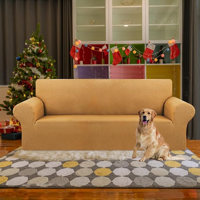 KEKUOU Stretch Sofa Cover Slipcover ，Couch Covers for 3 Cushion Couch Sofa pet Friendly (78"-94") Furniture Protector Sofa with Elastic Bottom for Kids,Dog, Jacquard Small Checked(Large,Golden)