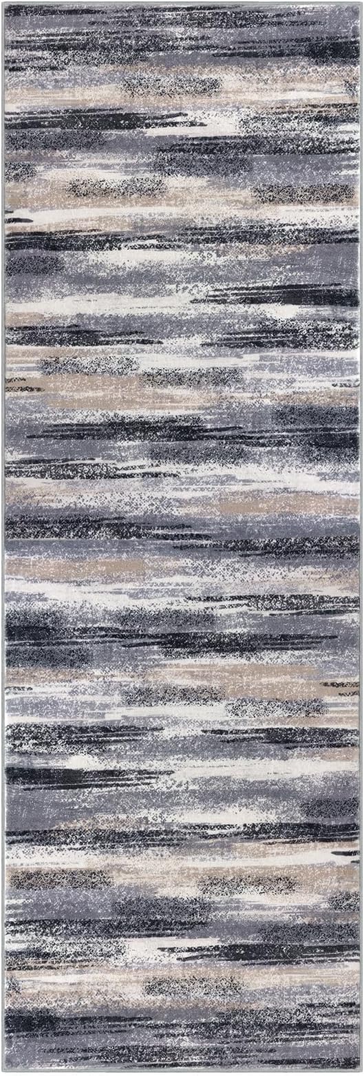 Lansny Modern Abstract Runner Rug 2x10, Grey Black Multi Washable Long Kitchen Runner Non-Slip Soft Hallway Rug Runner Thin Print Faux Wool Carpet for Entryway Bedroom Laundry Room Indoor Home Decor