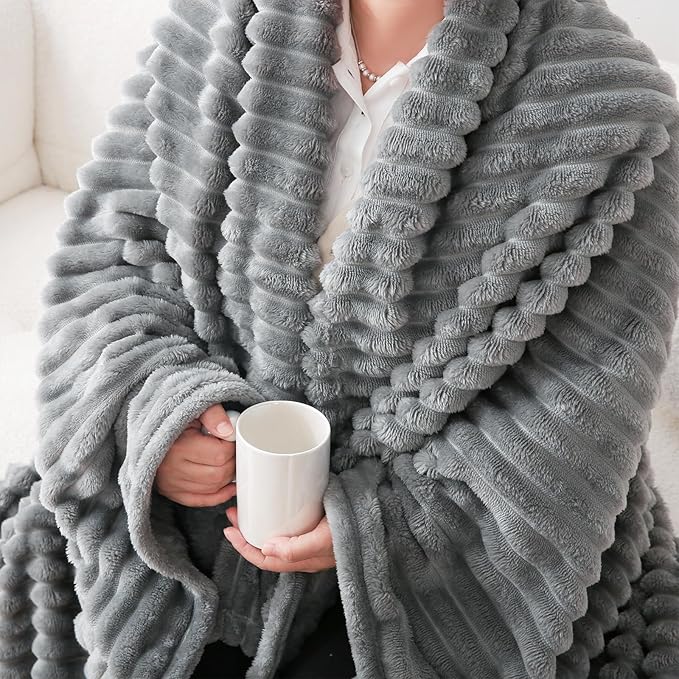 Grey Fleece Throw Blanket 50”×60” for Couch Sofa Bed,Super Soft Cozy Plush Microfiber Flannel Blanket with Stripes Design Lightweight for Adults,Woman,Girls