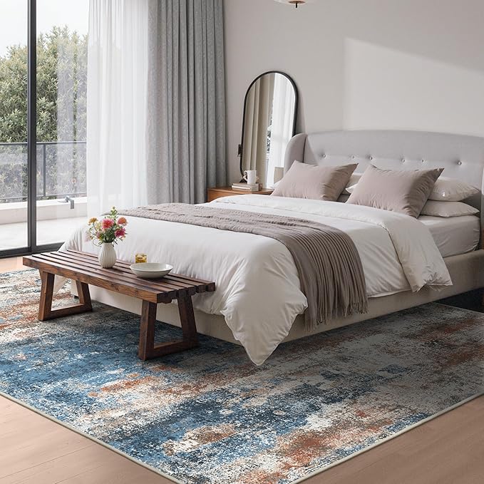 Area Rugs 6x9 for Living Room Bedroom, Modern Abstract Machine Washable Rug, Large Soft Low Pile Floor Carpet with Non Slip Backing for Dining Room, Blue/Brick