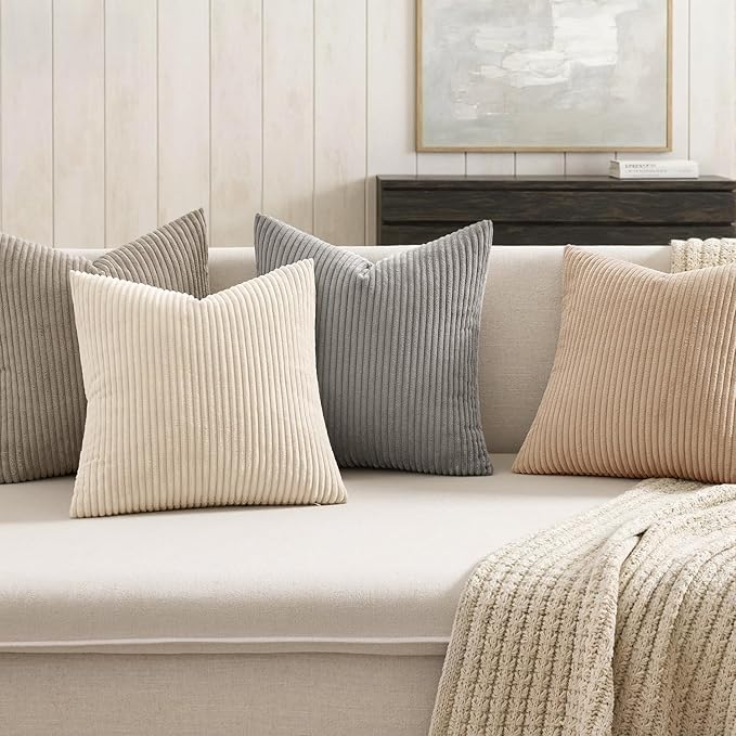 MIULEE Boho Farmhouse Neutral Cream Throw Pillow Covers 18x18 Inch Set of 4 Mordern Nordic Cushion Covers Soft Corduroy Spring Home Decor for Couch Bed Sofa Living Room