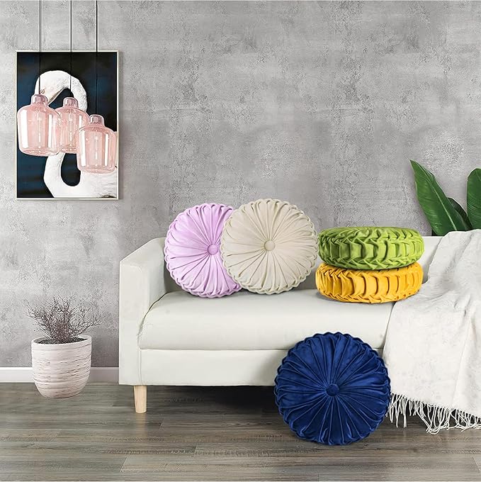 HIG Set of 2 Decorative Round Pleated Throw Pillows,Classy Accent Pumpkin Throw Pillows with Center Button,Vintage Velvet Floor Pillows for Sofa Vanity Chair Bed, Beige,14.5" Diameter(Ripple)