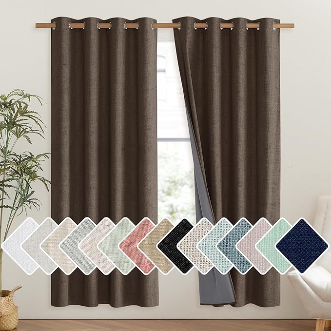 NICETOWN Coffee Vintage Linen 100% Blackout Curtains for Living Room, Thermal Insulated Curtains 72" Long, Noise Reducing Window Treatment Drapes for Hall Room, 52" Wide Per Panel, Set of 2