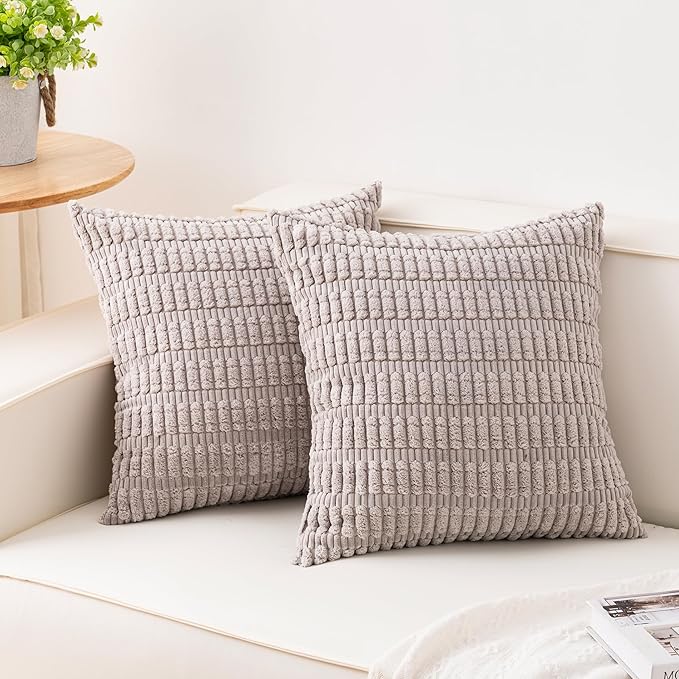 Pack of 2 Corduroy Decorative Throw Pillow Covers 18x18 Inch Soft Striped Pillow Covers Modern Farmhouse Home Decor for Sofa Living Room Couch Bed（Silver Gray）