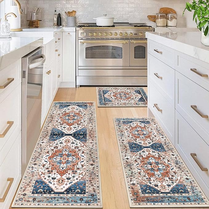 HEBE Boho Kitchen Rug Sets 3 Piece with Runner Non Slip Kitchen Rugs and Mats Washable Kitchen Mats for Floor Thick Kitchen Floor Mat Carpet Runner Rugs for Hallway Laundry Holiday Decor