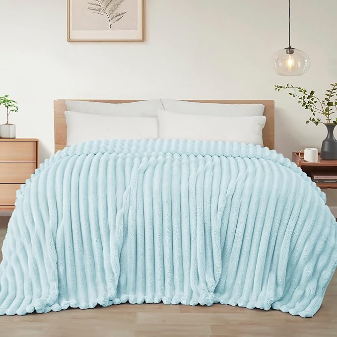 Exclusivo Mezcla King Size Flannel Fleece Blanket, Super Soft Striped Jacquard Bed Blanket, Lightweight Fuzzy Cozy for All Seasons, 90x104 Inches, Light Blue
