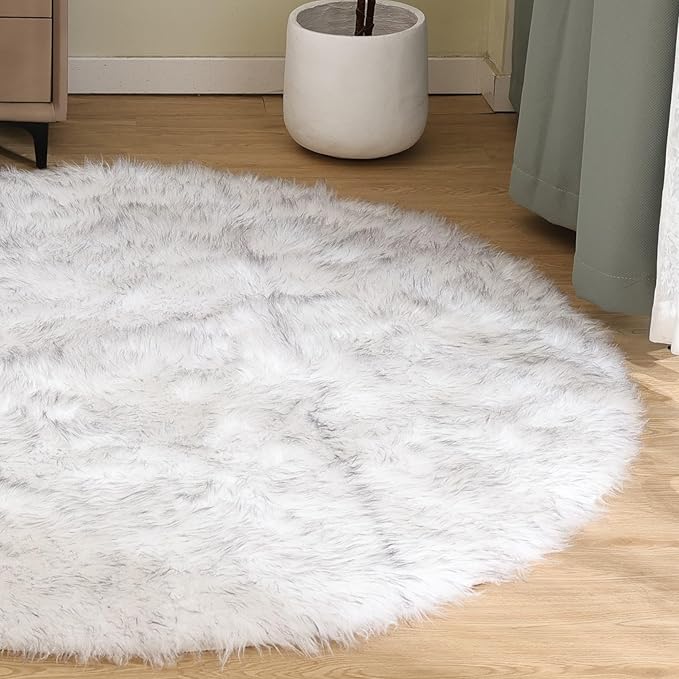 Goolela Round Sheepskin Rug 5ft Fluffy Circle Fuzzy Faux Fur Rug for Bedroom Living Room Plush Soft Washable - White with Grey Tips