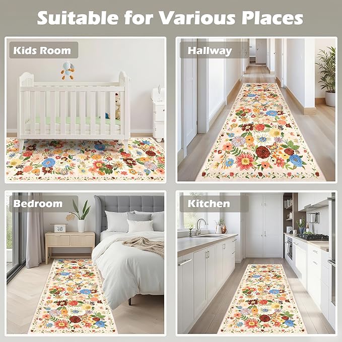 Runner Rug 2x6, Kitchen Rug Non Slip Washable Rugs with Rubber Backing Soft Floral Carpet Runner for Hallways, Kitchen, Laundry, Bedroom, Bathroom (2 x 6, Beige)
