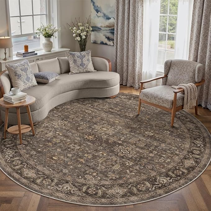 8x8 Washable Round Rug for Living Room Bedroom Vintage Brown Non Slip Carpet Traditional Retro Soft Low Pile Large Cirlce Rug for Dining Room Kitchen Office Indoor