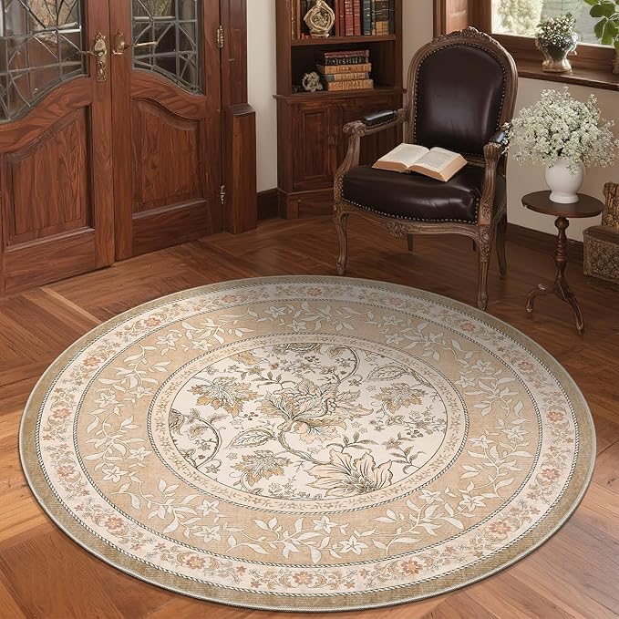 GarveeHome Pinkish Brown Botanical Grove 4ft Round Rug, Small Circle Vintage Cottagecore Soft Low-Pile Non-Slip Washable Rugs for Living Room Bedroom Nursery Kitchen Retro Carpet