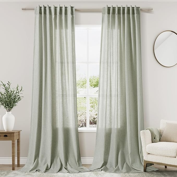 Sage Green Curtains 120 inches Long 2 panels for Living Room Back Tab Rod Pocket Semi Sheer Linen Drapes Neutral Room Decor Earth Tone Pale Green Curtains Ceiling to Floor Length for Diningroom