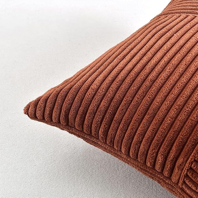 Fancy Homi 2 Packs Rust Lumbar Decorative Throw Pillow Covers 16x26 Inch for Living Room Couch Bed Sofa, Rustic Farmhouse Boho Home Decor, Soft Striped Corduroy Rectangle Accent Cushion Case 65x40 cm