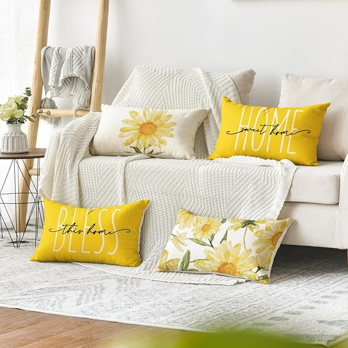 AVOIN colorlife Home Sweet Home Spring Summer Flowers Yellow Throw Pillow Covers, 12 x 20 Inch Cushion Case for Sofa Couch Set of 4