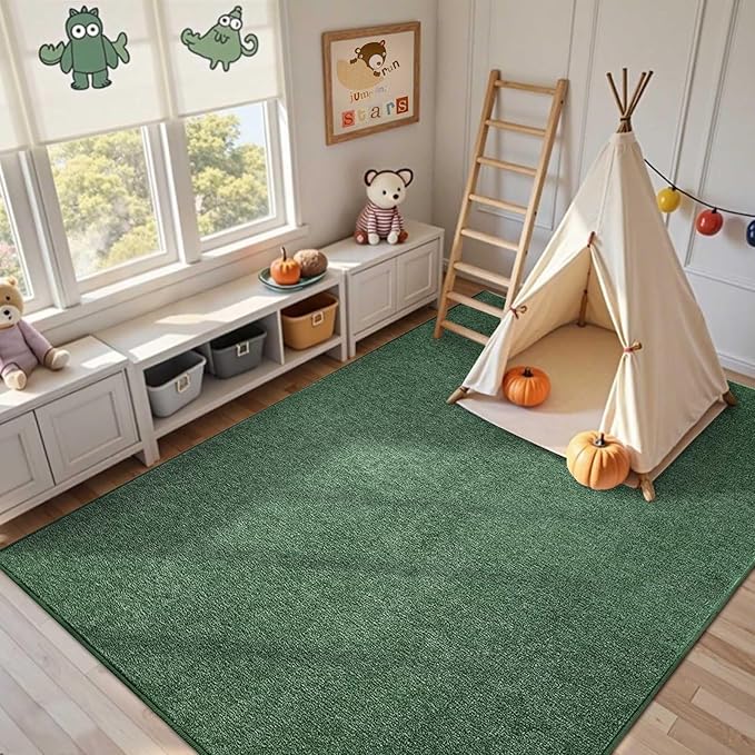 FinRèc 4x6 Washable Area Rugs for Bedroom Living Room, Low Pile Thin Rug Solid Color, Non-Slip Carpet Indoor for Home Decor (Green)
