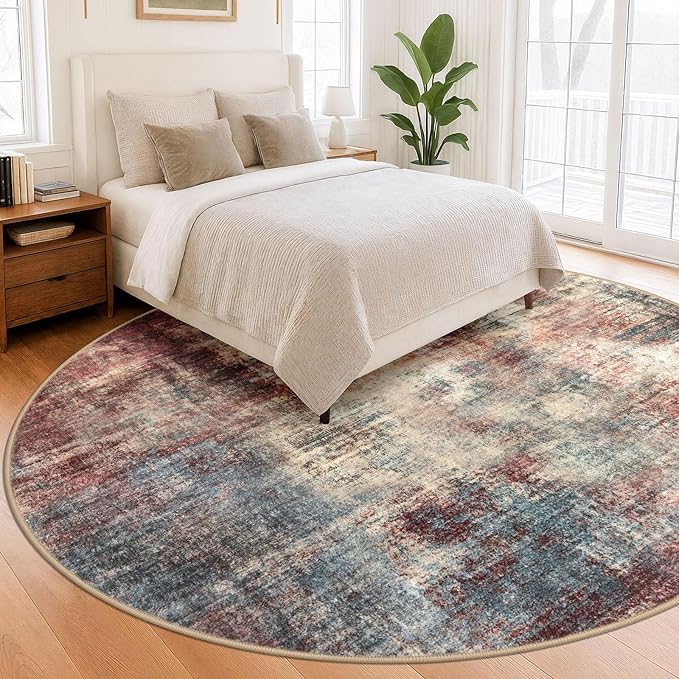 IOHOUZE Abstract Round Area Rug 8 Ft Washable Circle Rugs Large Round Rug Non Slip Thin Soft Circle Rugs, Printed Faux Wool Floor Carpet for Bedroom Living Room Dining Room Nursery, Red/Multi