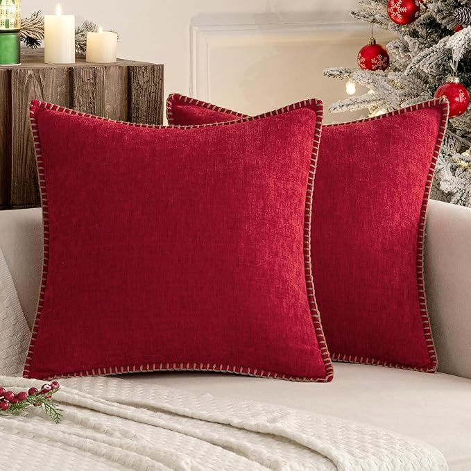 MIULEE Pack of 2 Christmas Pillow Covers 24x24 Inch Red Farmhouse Decorative Throw Pillow Covers with Stitched Edge Soft Chenille Solid Dyed Couch Pillow Covers for Sofa Bed Living Room