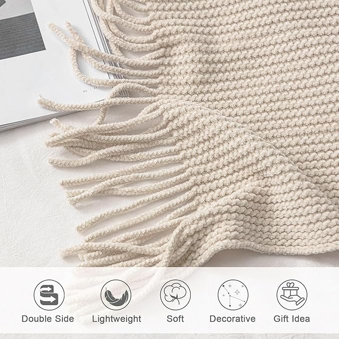 lifein Chenille Throw Blanket 50x60 - Soft Boho Knitted Blanket for Couch Cozy Farmhouse Decor Bed Throw, Lightweight All Season White/Cream Blanket, Decorative for Living Room Bedroom Spring Decor