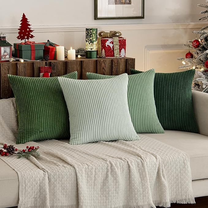 MIULEE Boho Farmhouse Sage Green Throw Pillow Covers 22x22 Inch Set of 4 Mordern Nordic Cushion Covers Soft Corduroy Spring Home Decor for Couch Bed Sofa Living Room Forest Green