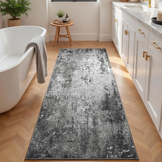 2x6 Black Rug Runners for Hallways Kitchen Runner Rug Non Slip Washable Black Long Runner Rugs with Rubber Backing Soft Abstract Carpet Runner for Bedroom, Kitchen, Bathroom, Entryway