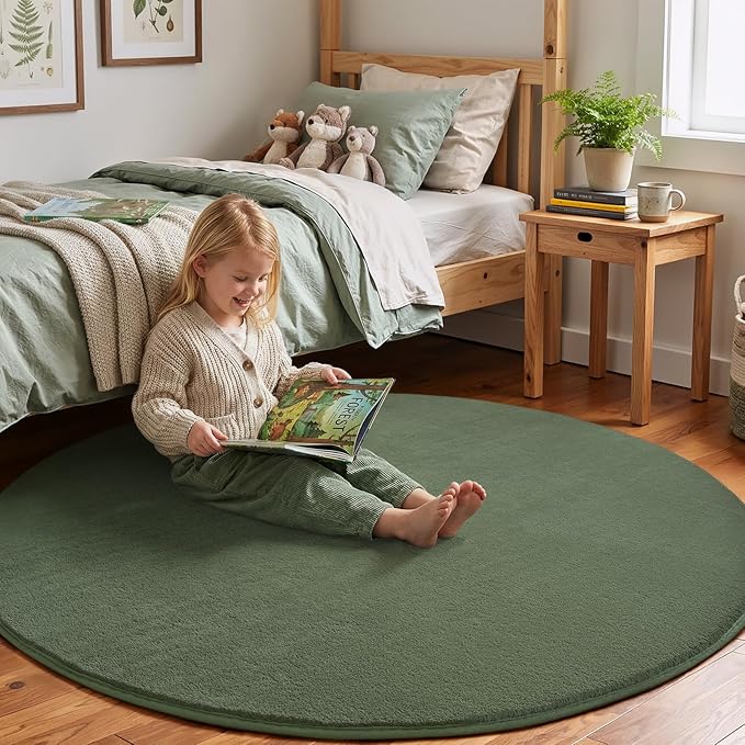 Amearea Sage Green Round Area Rugs 5ft Washable Circle Rugs for Bedroom Living Room, Fluffy Indoor Thickened Memory Foam Rug, Non Slip Minimalist Circular Carpet for Kids Boy Girl Dorm Nursery Room