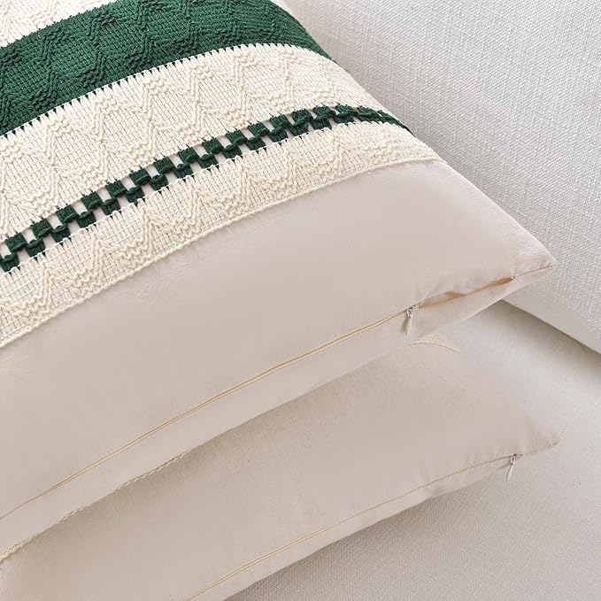 Fancy Homi Set of 1 Dark Green Boho Lumbar Decorative Throw Pillow Covers 12x20 Inch for Couch Bed Sofa Bedroom, Modern Farmhouse Vintage Forest Green Living Room Decor
