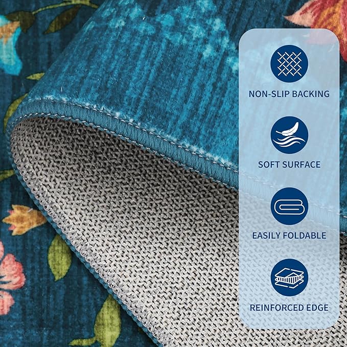 GarveeHome Washable Rug 9x12 Area Rugs for Living Room, Floral Rug for Bedroom, Soft Vintage Non Slip Throw Rugs with Rubber Back, Low Pile Stain Resistant Boho Floral Carpet for Dining Room, Blue