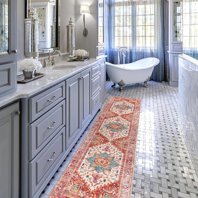 Yamaziot Washable Runner Rug, 2x8 Non-Slip Boho Vintage Hallway Rug Runner with Rubber Backing, Stain Resistant & Low Pile Faux Wool Distressed Carpet Runner for Bedroom, Kitchen, Laundry, Entrance
