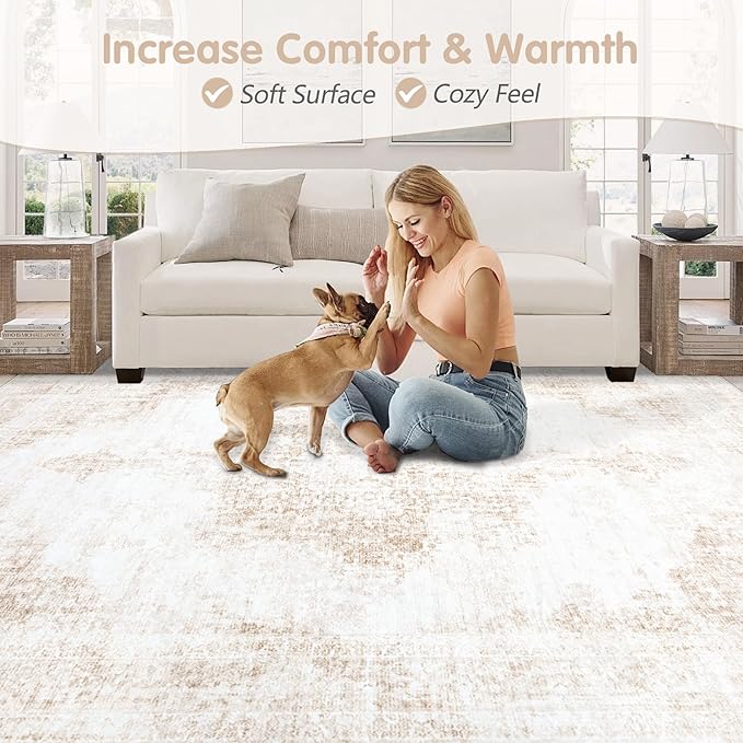 Area Rug 5x7 Vintage Rug: Washable Living Room Rugs Retro Medallion Distressed Large Rugs Soft Low Pile Non-Slip Indoor Floor Carpet for Bedroom Kitchen Nursery Dining Table Office (Beige, 5'x7')