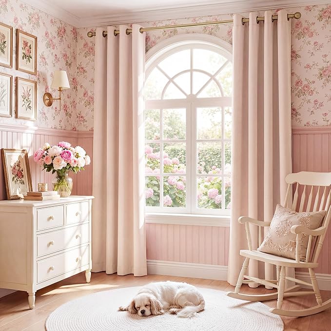 NICETOWN 100% Absolutely Blackout Linen Curtains for Bedroom Living Room, Blush Pink, 52" Wide, 2 Pieces, Privacy Vertical Thermal Insulated Window Drapes 84 inch Long for Infants and Young Children