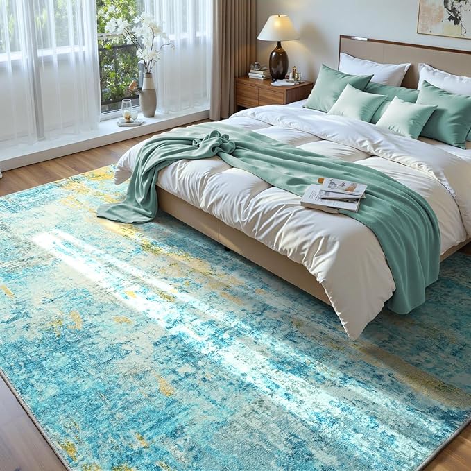 Ompaa Living Room Rug 6x9 Teal Blue Area Rug Machine Washable Boho Rug Non Slip Abstract Vintage Indoor Large Rugs for Bedroom, Classroom, College Dorm, Farmhouse, Dining Room, Kids Playroom
