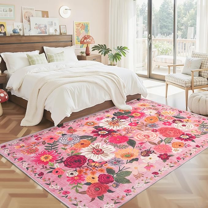 Floral Washable 6x9 Area Rugs Pink, Soft Bedroom Rug for Living Room Ultra-Thin Non Slip Dining Room Rug, Stain Resistant Rugs Easy Clean Throw Carpet for Office(Pink Garden, 6 x 9)