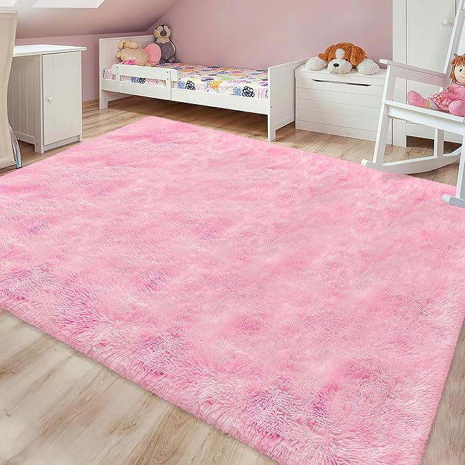 Tie-Dye Pink Soft Shaggy Fluffy Rug for Living Room 6x9ft Anti-Skid Durable Area Rug Mat Bedside Throw Rug for Bedroom Kids Room Boys Teens Nursery Dorm Office Home Decor Aesthetic Carpets