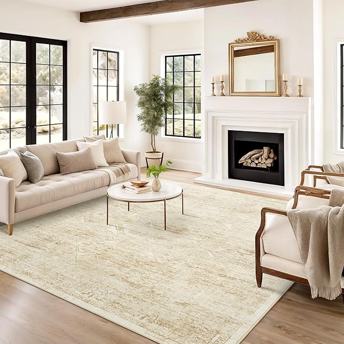 Soalmost Washable Area Rug 8x10, Large Soft Rugs for Living Room Vintage Beige 8x10 Area Rugs for Bedroom Dining Room Floral Non-Slip Thin Rug