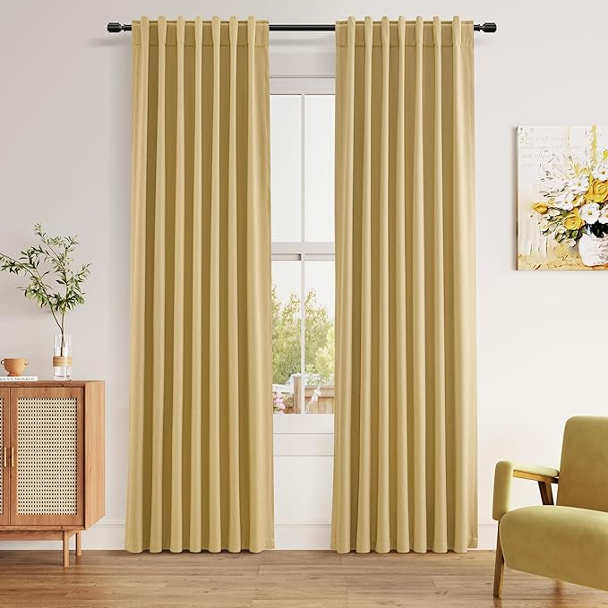 Guken 100% Blackout Curtains 90 Inch Length 2 Panels Set for Living Room Bedroom Back Tab Thermal Insulated Black Out Linen Drapes Room Darkening Window Curtains 90 Inches Long,Gold Yellow
