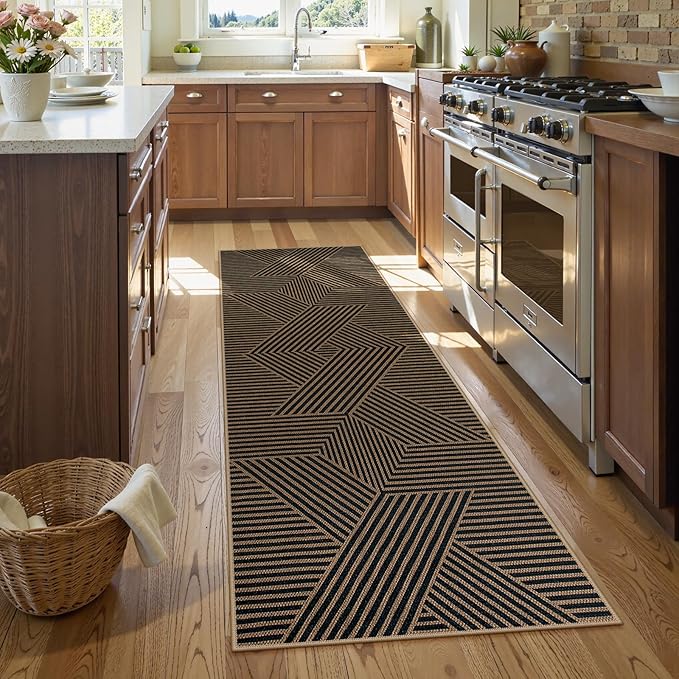 Lahome Enfys Modern Geometric Runner Rug, 2x6 Washable Rug Runners for Hallways Non Slip, Black Outdoor Carpet with Rubber Backing, Farmhouse Non Shedding Kitchen Mats for Floor Entryway